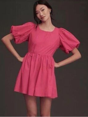 Anthropologie Pink Puff-Sleeve Mini Cotton Poplin Romper Size 6 - needs zipper